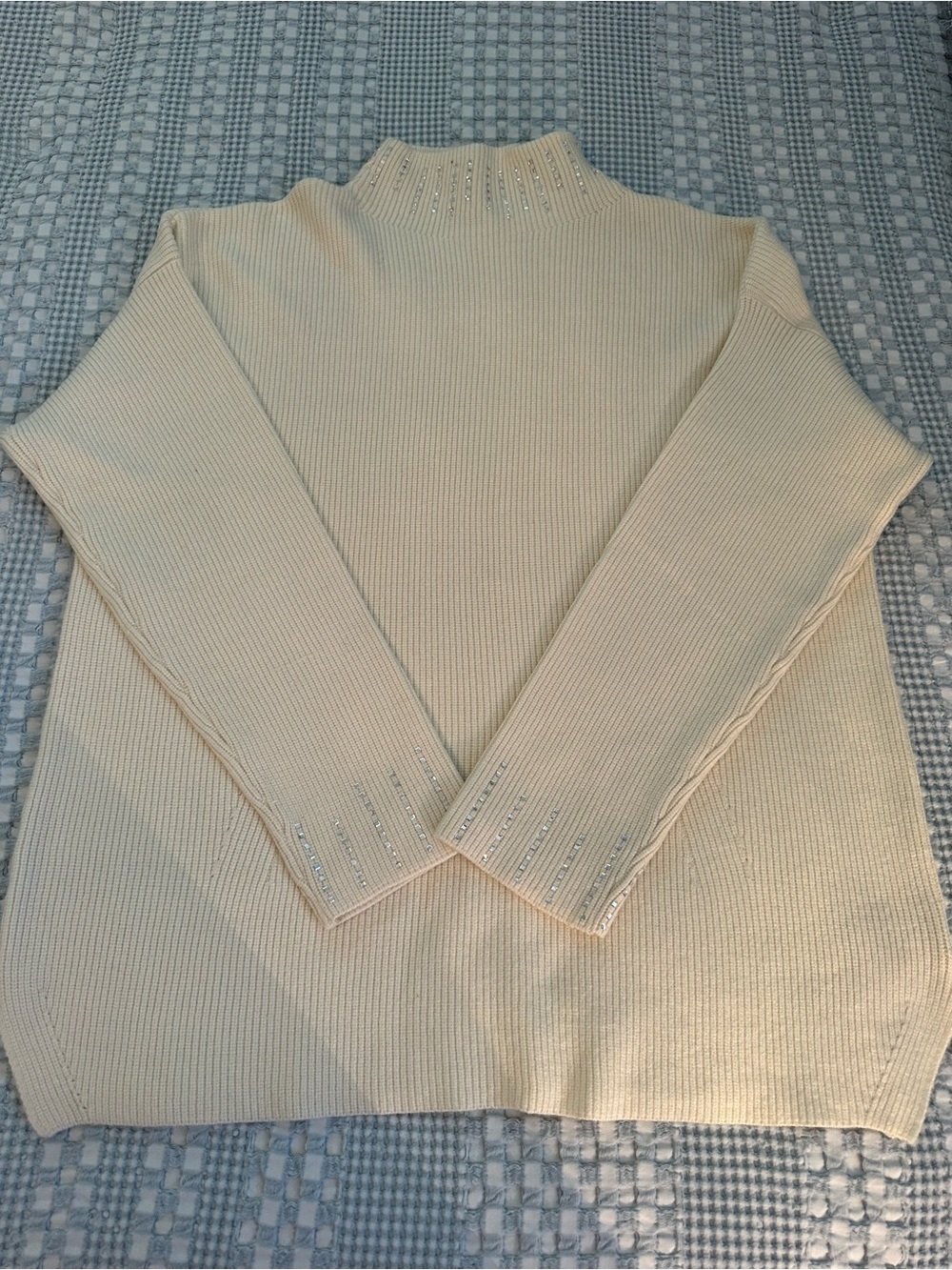 Alfani Cream Rhinestone Mock Neck Ribbed Knit Sweater XL Embellished Cuffs